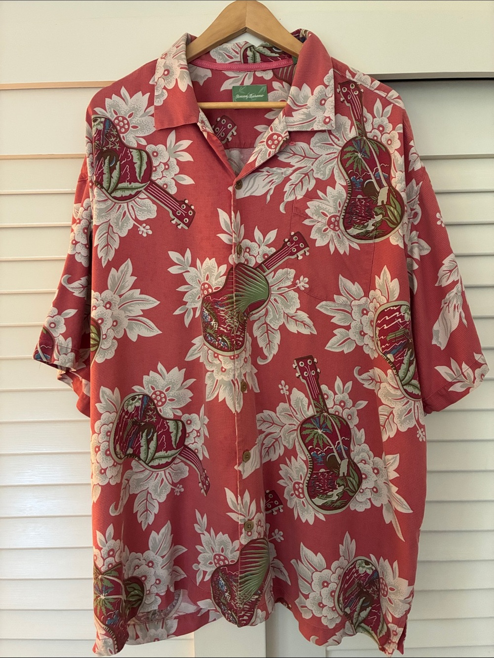 Tommy Bahama Coral Floral & Guitar Print Short-Sleeve Button-Down Hawaiian Shirt